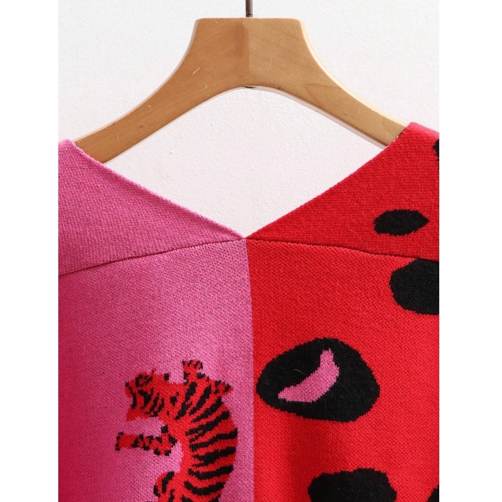 Red Pink Animal Print Button Down V-Neck Knit Cardigan - Picture 7 of 8